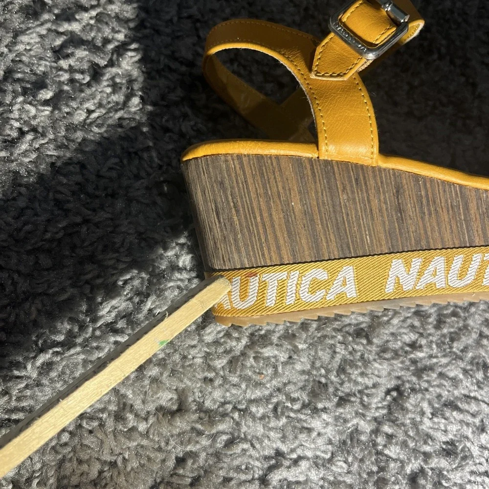 Nautica Sandal Women's Size 6.5 Mustard Faux Wood Wedge Sandal  Buckle - Picture 9 of 13